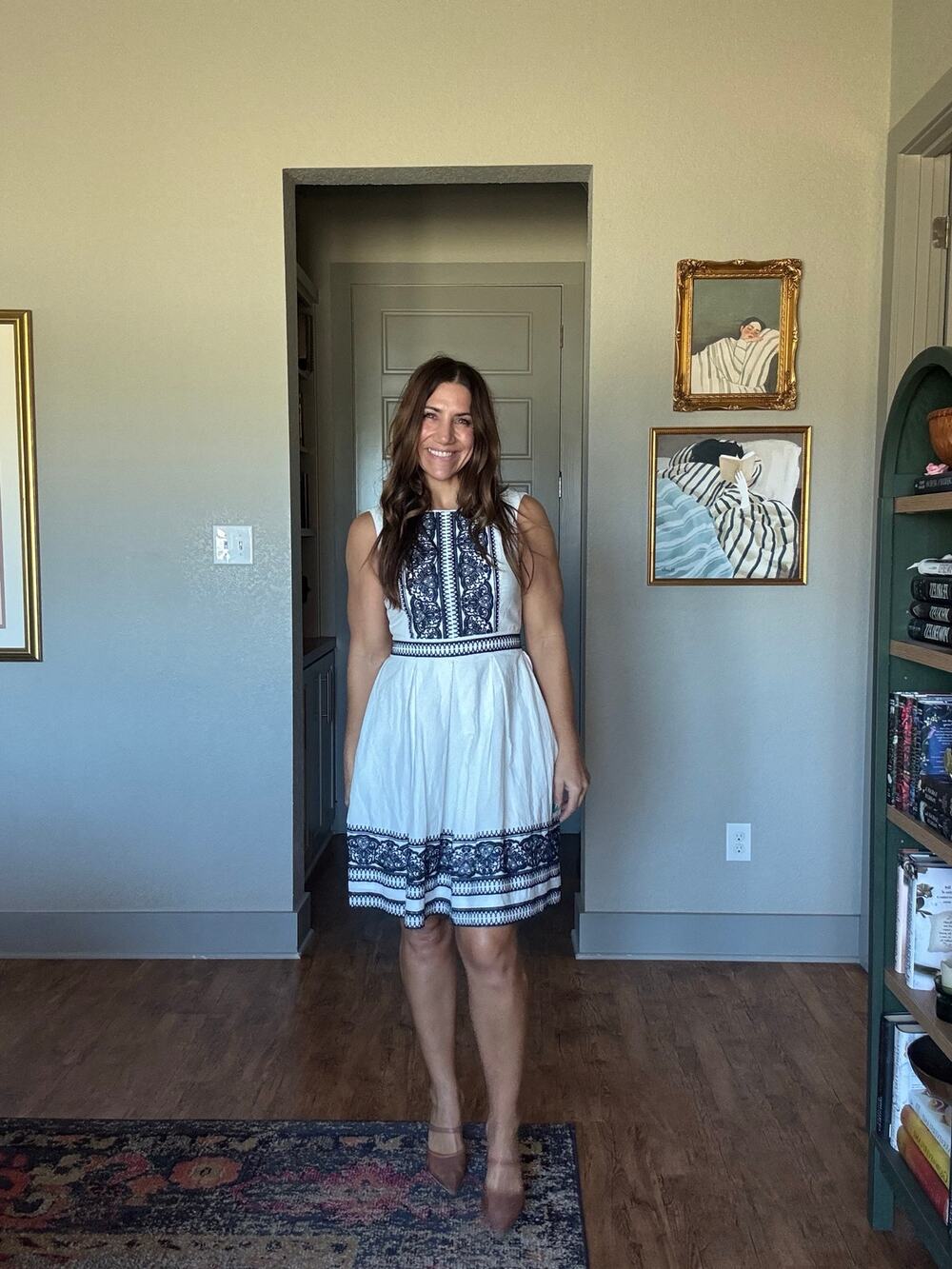 Taylor White & Navy Embroidered Fit & Flare Dress – Size 6